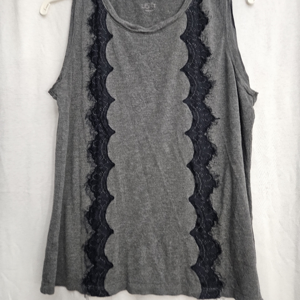 LOFT Gray Sleeveless Top with Black Lace Detail Goth Grunge Medium